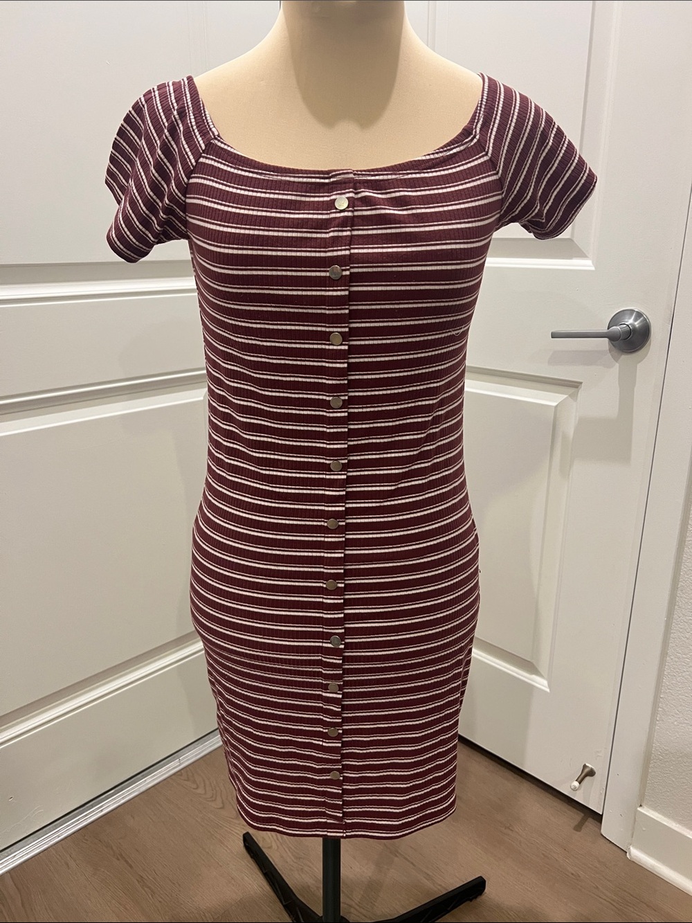 Say What? Burgundy and White Striped Button-Front Bodycon Dress